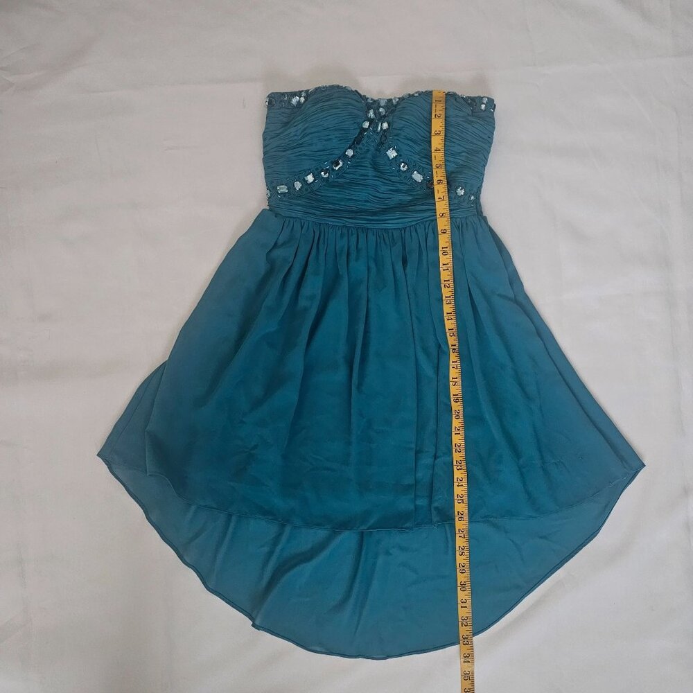Women's Teal Chiffon Strapless Rhinestone Beaded Bodice High-Low Hem Dress Small - Picture 9 of 10